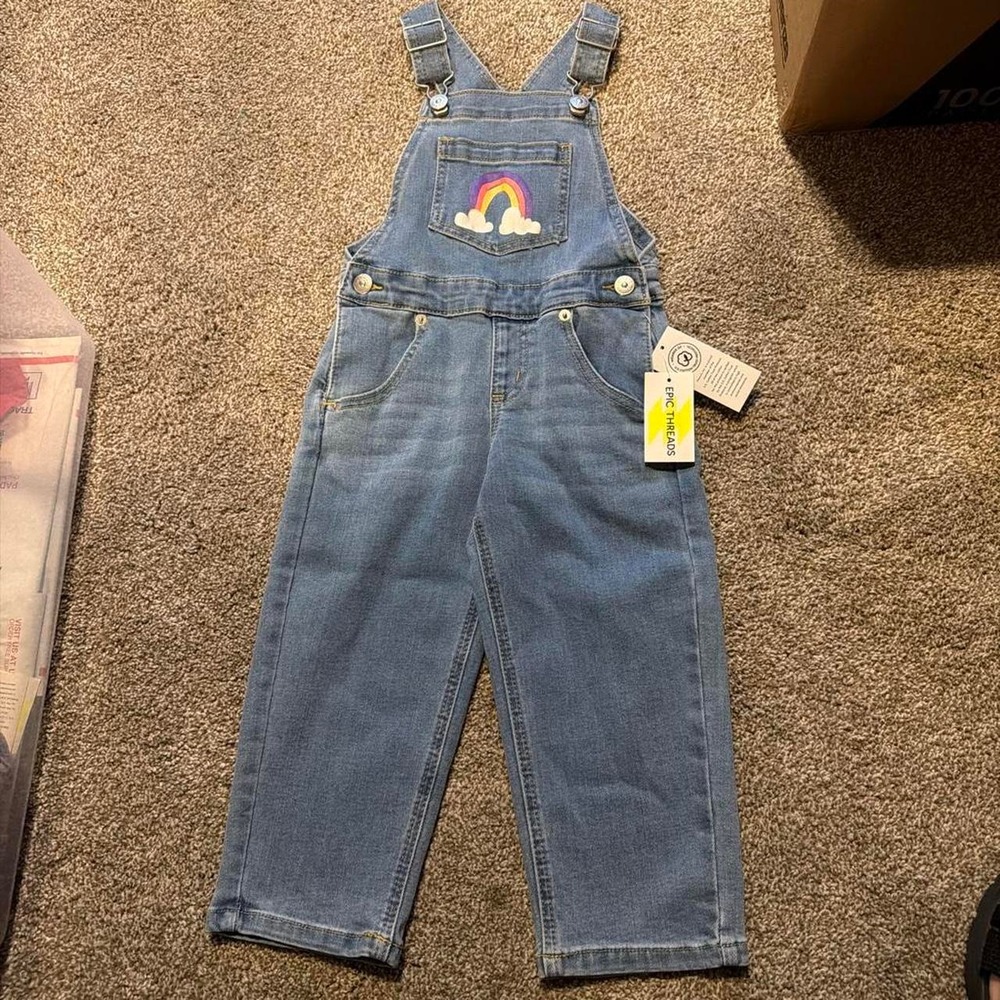 Epic threads denim overall with rainbow, size 3T